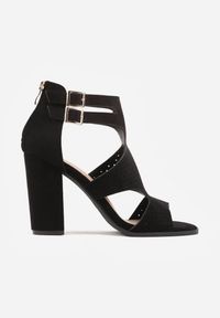 Renee - Czarne Sandały na Wysokim Słupku z Perforacją z Imitacji Zamszu Meeyah. Zapięcie: pasek. Kolor: czarny. Materiał: zamsz. Sezon: lato. Obcas: na słupku. Styl: elegancki, wizytowy. Wysokość obcasa: średni #9