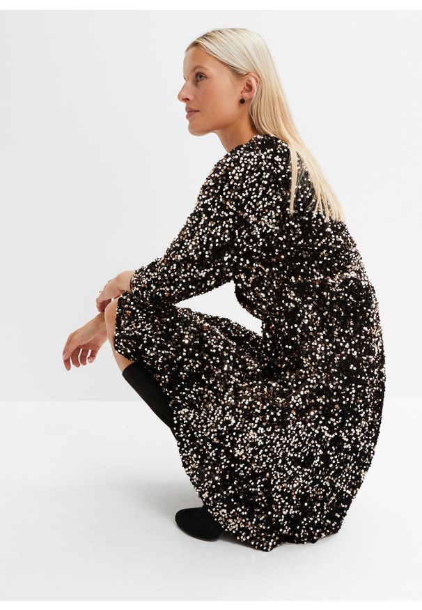 bonprix - Sukienka z cekinami. Kolor: czarny. Materiał: materiał