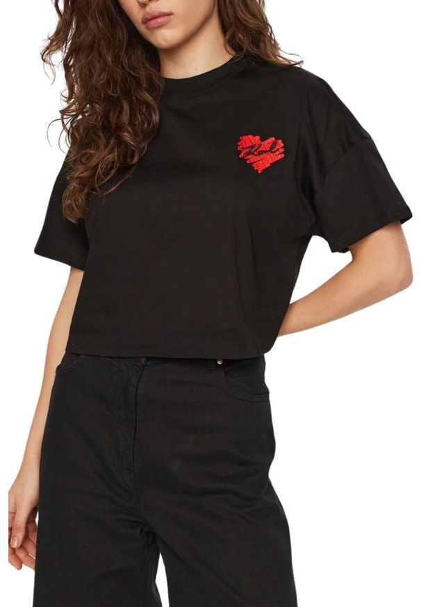Karl Lagerfeld - KARL LAGERFELD Czarny damski top Hearts Cropped, Rozmiar XS. Kolor: czarny. Materiał: materiał