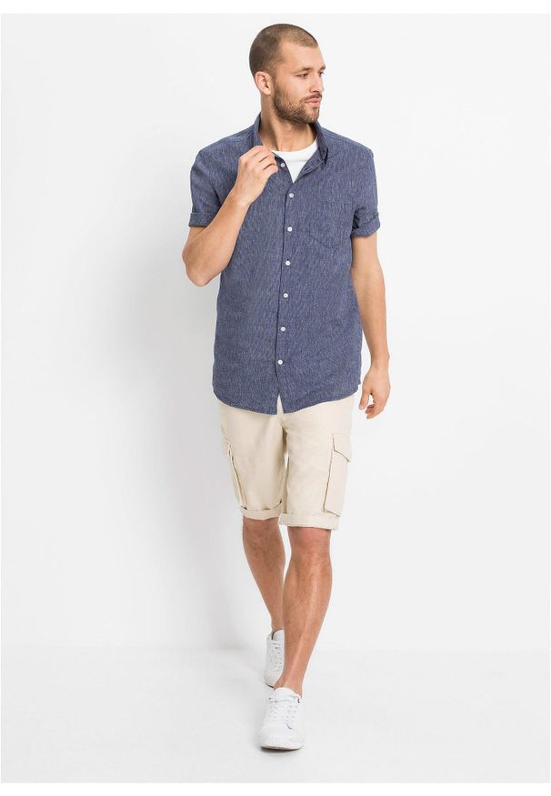 bonprix - Koszula z krótkim rękawem z materiału z domieszką lnu. Kolor: niebieski. Materiał: len, materiał. Długość rękawa: krótki rękaw. Długość: krótkie