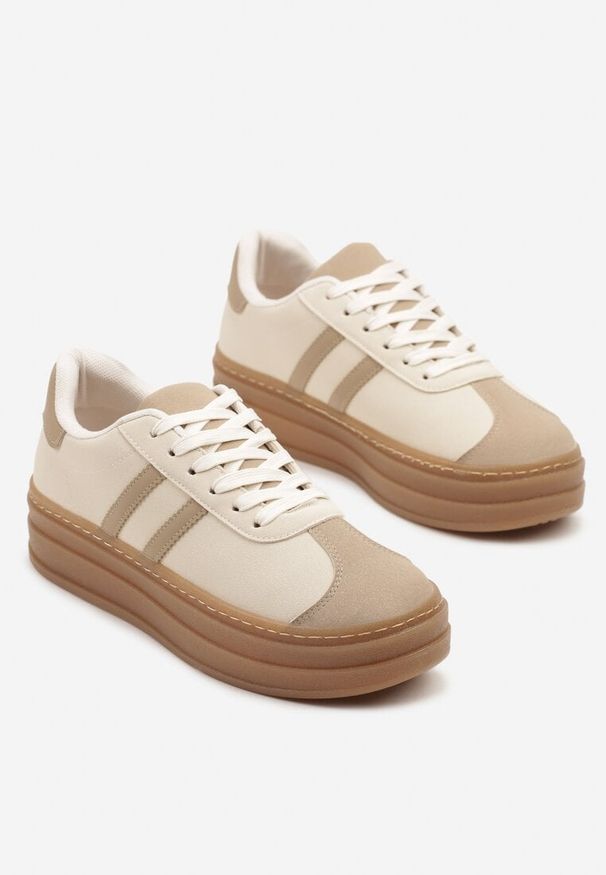 Born2be - Beżowe Sneakersy na Grubej Podeszwie z Ozdobnym Wzorem Felimala. Okazja: na co dzień. Kolor: beżowy. Materiał: jeans