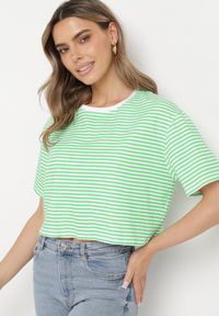Born2be - Zielony Bawełniany T-shirt o Oversizowym Krótkim Fasonie w Cienkie Paski Lakrida. Okazja: na co dzień. Kolor: zielony. Materiał: bawełna. Długość: krótkie. Wzór: paski. Styl: klasyczny, casual #5