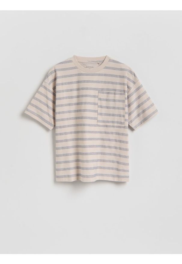 Reserved - Bawełniany t-shirt w paski - beżowy. Kolor: beżowy. Materiał: bawełna. Wzór: paski
