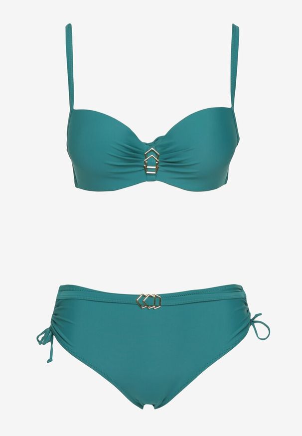 Renee - Ciemnozielone Bikini Majtki Typu Figi i Biustonosz z Metalicznymi Ozdobami Kinasara. Kolor: zielony. Wzór: aplikacja