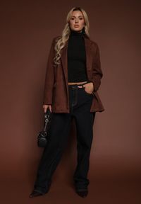 Renee - Brązowa Pudełkowa Marynarka z Usztywnioną Linią Ramion Rillie. Okazja: na co dzień. Kolor: brązowy. Materiał: jeans. Styl: casual, elegancki #3