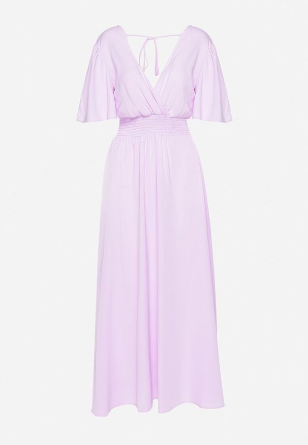 Born2be - Jasnofioletowa Sukienka z Rozkloszowanymi Rękawami Gumką w Pasie i Wiązaniem na Plecach Larielle. Okazja: na imprezę, na co dzień. Typ kołnierza: dekolt w kształcie V. Kolor: fioletowy. Materiał: bawełna. Typ sukienki: proste. Styl: elegancki, casual