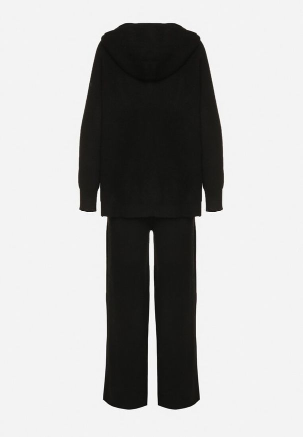 Born2be - Czarny Komplet z Wełną i Bawełną Szerokie Spodnie i Rozpinana Bluzka z Kapturem Reikania. Kolor: czarny. Materiał: wełna, bawełna