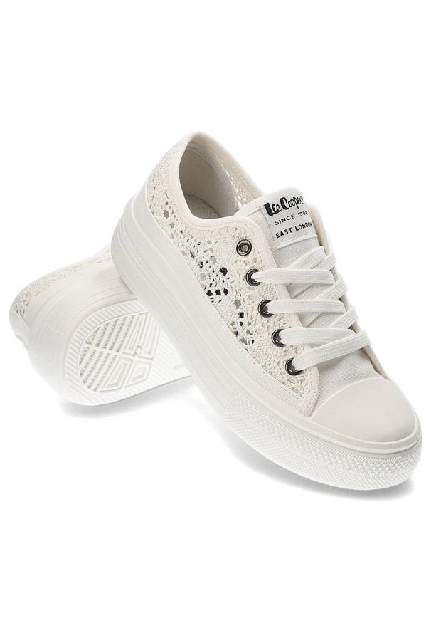 Białe Trampki Lee Cooper Damskie Buty Na Platformie. Okazja: na spacer, na co dzień. Kolor: biały. Materiał: materiał. Obcas: na platformie. Styl: casual