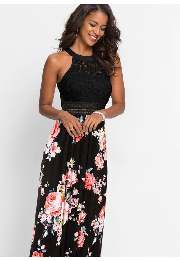 bonprix - Długa sukienka w kwiaty z koronką. Kolor: czarny. Materiał: jersey, koronka. Wzór: nadruk, aplikacja, kwiaty, koronka. Sezon: lato. Długość: maxi