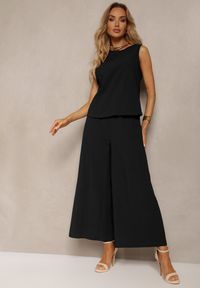 Renee - Czarny Komplet z Bawełny Spodnie Culottes i Luźny Top Tinelia. Kolor: czarny. Materiał: bawełna. Wzór: aplikacja #5
