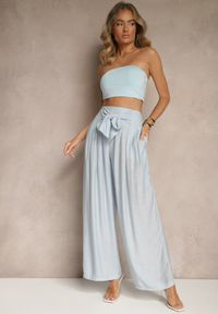Renee - Niebieskie Wiskozowe Spodnie High Waist o Szerokim Kroju Aranisa. Okazja: na co dzień. Stan: podwyższony. Kolor: niebieski. Materiał: wiskoza. Wzór: aplikacja. Styl: elegancki, casual
