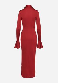 Born2be - Bordowa Koktajlowa Sukienka z Usztywnioną Linią Ramion i Rozkloszowanymi Rękawami Semirienne. Kolor: czerwony. Wzór: aplikacja. Styl: wizytowy #4