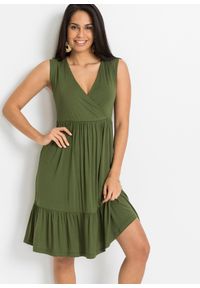 bonprix - Sukienka z dżerseju z koronką. Kolor: zielony. Materiał: jersey, koronka. Wzór: koronka. Sezon: lato. Typ sukienki: kopertowe #1