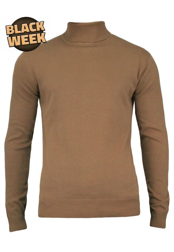 Golf, Beżowy, Sepia, Elegancki, 100% BAWEŁNA, Męski - Brave Soul. Typ kołnierza: golf. Kolor: beżowy, wielokolorowy, brązowy. Materiał: bawełna. Sezon: zima, jesień. Styl: elegancki