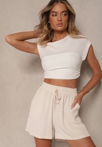 Renee - Jasnobeżowe Szorty z Wiskozą High Waist Ozdobione Wiązaniem Milareia. Okazja: na co dzień, na spacer. Stan: podwyższony. Kolor: beżowy. Materiał: wiskoza. Wzór: aplikacja. Styl: sportowy, casual