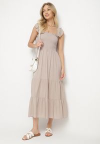 Born2be - Beżowa Rozkloszowana Bawełniana Sukienka na Ramiączkach z Gumkami i Falbanką Mevesta. Okazja: na spacer. Typ kołnierza: kołnierz z falbankami, dekolt kwadratowy. Kolor: beżowy. Materiał: bawełna. Długość rękawa: na ramiączkach #6