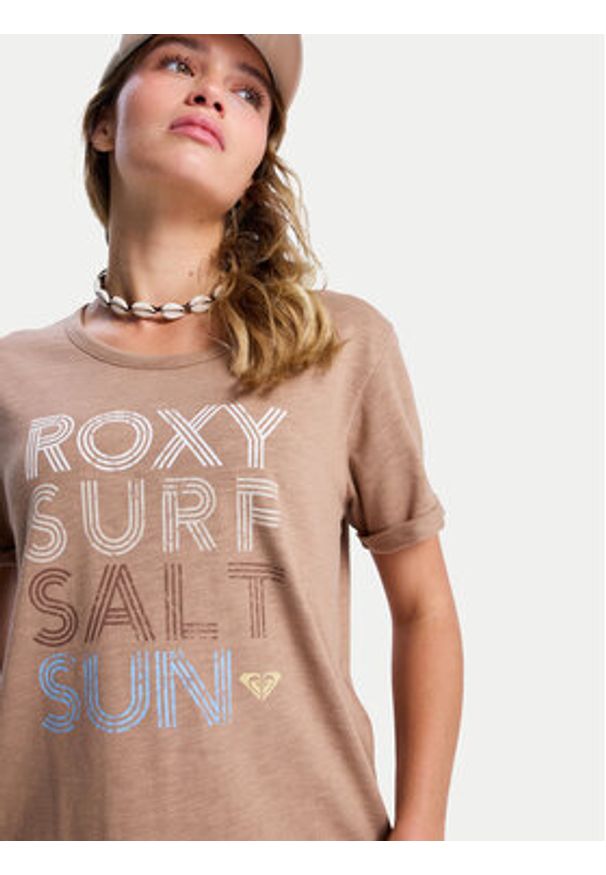 Roxy T-Shirt ERJZT06024 Brązowy Regular Fit. Kolor: brązowy. Materiał: bawełna