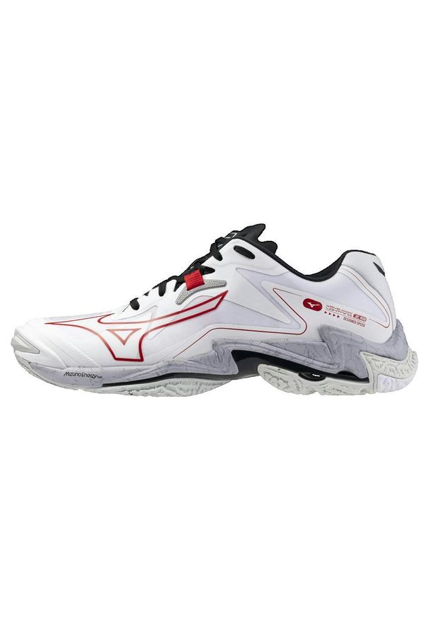 Buty halowe Mizuno Wave Lightning Z. Zapięcie: sznurówki. Kolor: czarny, biały, wielokolorowy. Materiał: tkanina, syntetyk, materiał. Szerokość cholewki: normalna. Model: Mizuno Wave. Sport: siatkówka