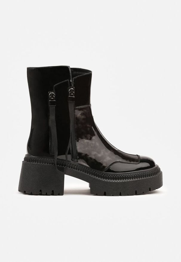 Born2be - Czarne Lakierowane Botki Vices z Ozdobną Tasiemką Rivavie. Okazja: na co dzień. Kolor: czarny. Materiał: lakier. Styl: casual, elegancki