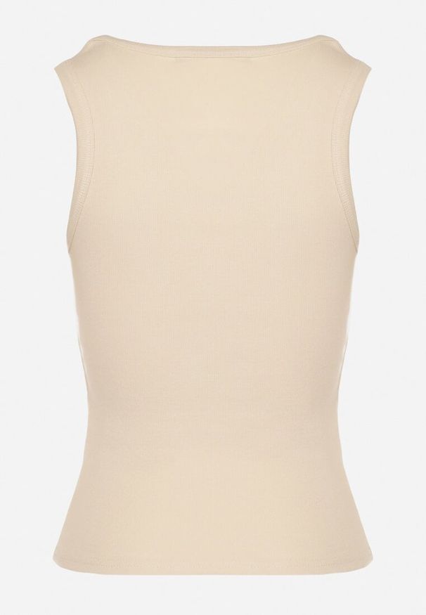 Born2be - Beżowy Prążkowany Top z Bawełny Fenlisa. Okazja: na co dzień. Kolor: beżowy. Materiał: bawełna, prążkowany. Styl: casual