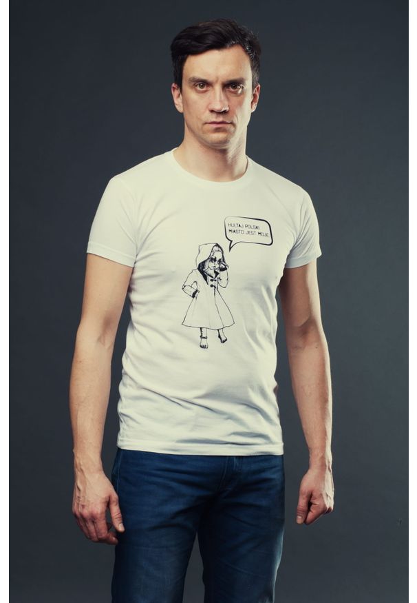 Hultaj Polski - T-shirt MIASTO JEST MOJE męski biały. Okazja: do pracy, na spacer, na uczelnię. Kolor: biały. Materiał: jeans, bawełna