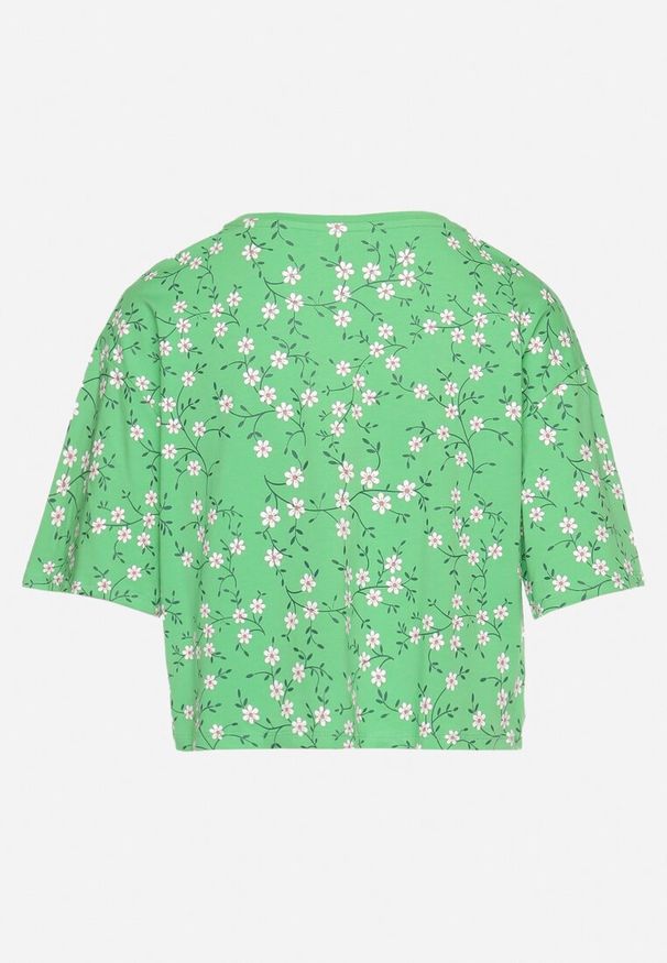 Born2be - Zielony Bawełniany T-shirt Oversize w Kwiatowy Print o Krótkim Fasonie Daelinn. Kolor: zielony. Materiał: bawełna. Długość: krótkie. Wzór: kwiaty, nadruk