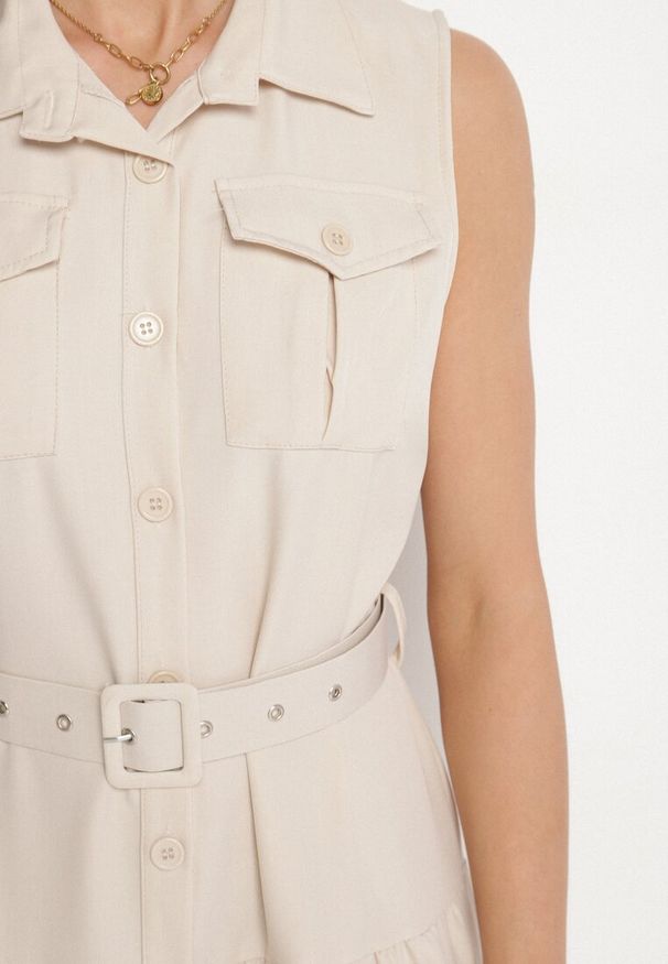 Born2be - Beżowa Koszulowa Sukienka Ozdobiona Paskiem Mavorelle. Okazja: na co dzień. Kolor: beżowy. Wzór: aplikacja. Typ sukienki: koszulowe. Styl: casual, elegancki