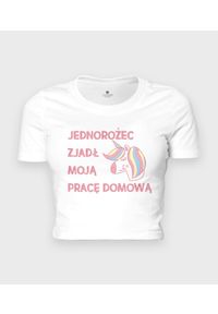 MegaKoszulki - Koszulka damska cropped Jednorożec zjadł mi zadanie domowe. Okazja: do domu