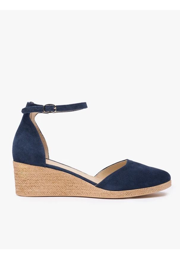 Ryłko - Granatowe espadryle na koturnie ze skóry welurowej. Okazja: na co dzień. Nosek buta: okrągły. Zapięcie: sprzączka. Kolor: niebieski. Materiał: skóra, welur. Obcas: na koturnie. Styl: klasyczny, casual, wakacyjny, street. Wysokość obcasa: średni