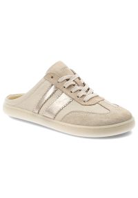 Klapki damskie barefoot Armodo, skórzana cholewka naturalna niska sportowa forma sznurowana konstrukcja z dekoracyjnymi panelami płaska elastyczna po. Okazja: na co dzień. Kolor: beżowy. Materiał: skóra. Styl: sportowy #1