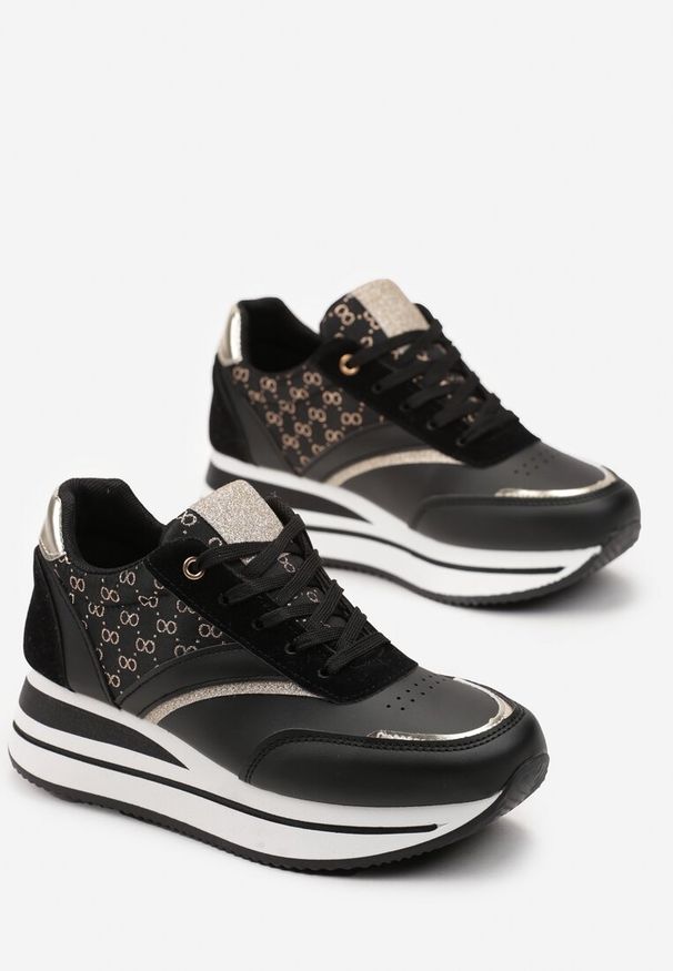 Born2be - Czarne Sneakersy na Grubej Podeszwie z Brokatem Erenie. Kolor: czarny