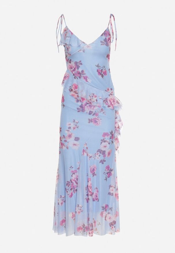 Born2be - Niebieski Komplet w Kwiaty Spódnica i Top z Wiązanymi Ramiączkami i Falbankami Torellina. Kolor: niebieski. Materiał: jeans. Wzór: kwiaty