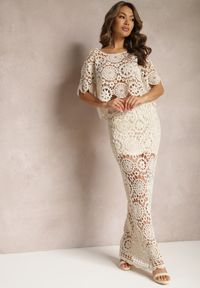 Renee - Beżowy Bawełniany Komplet Boho z Ażurowymi Wycięciami Spódnica Maxi i Bluzka Belrina. Kolor: beżowy. Materiał: bawełna. Wzór: ażurowy #3