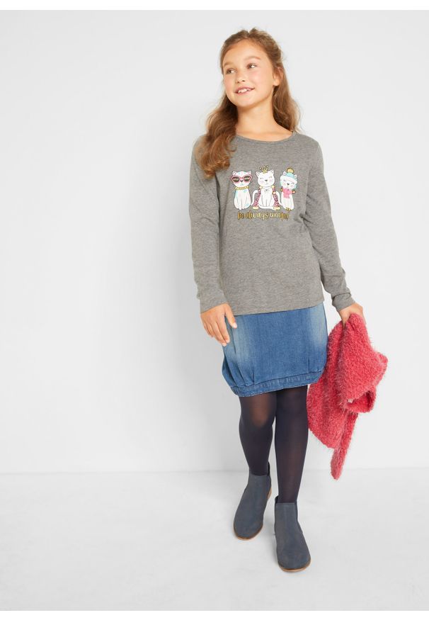 bonprix - Shirt z długim rękawem z materiału z wiskozą. Kolor: szary. Materiał: materiał, wiskoza, bawełna. Długość rękawa: długi rękaw. Długość: długie. Wzór: nadruk