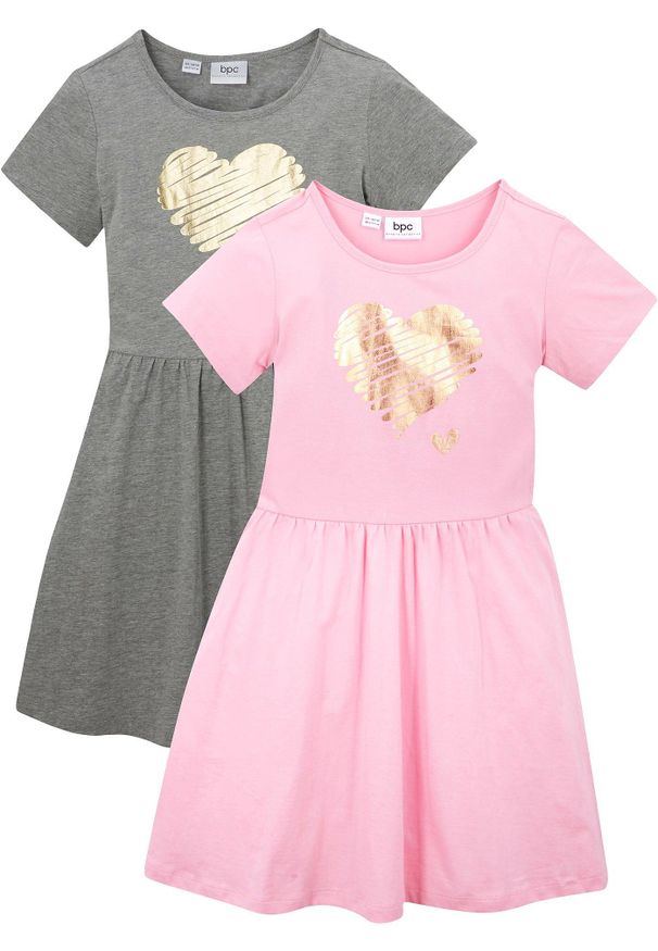 bonprix - Sukienka z dżerseju z czystej bawełny organicznej (2 szt.). Kolor: różowy. Materiał: jersey, bawełna. Długość rękawa: krótki rękaw. Wzór: nadruk. Typ sukienki: rozkloszowane