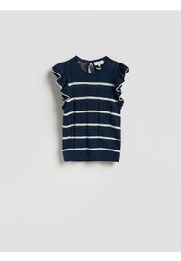 Reserved - Bluzka w paski - granatowy. Kolor: niebieski. Materiał: prążkowany, dzianina, len, bawełna. Wzór: paski #1