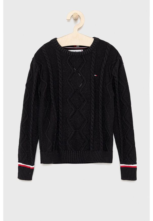 TOMMY HILFIGER - Tommy Hilfiger Sweter bawełniany dziecięcy kolor czarny ciepły. Okazja: na co dzień. Kolor: czarny. Materiał: bawełna. Wzór: ze splotem. Styl: casual