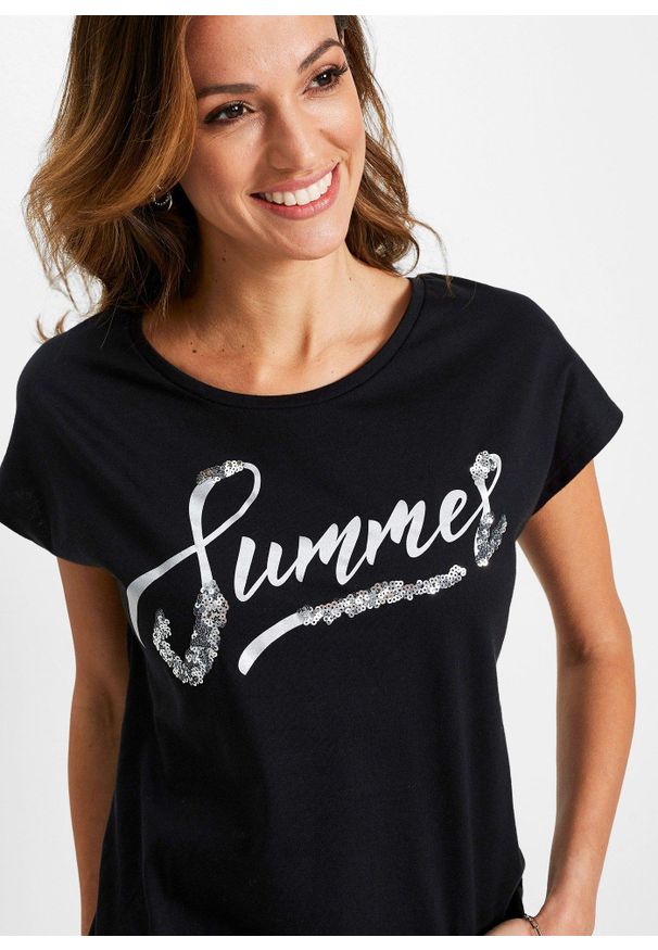 bonprix - Shirt z cekinami. Kolor: czarny. Wzór: napisy