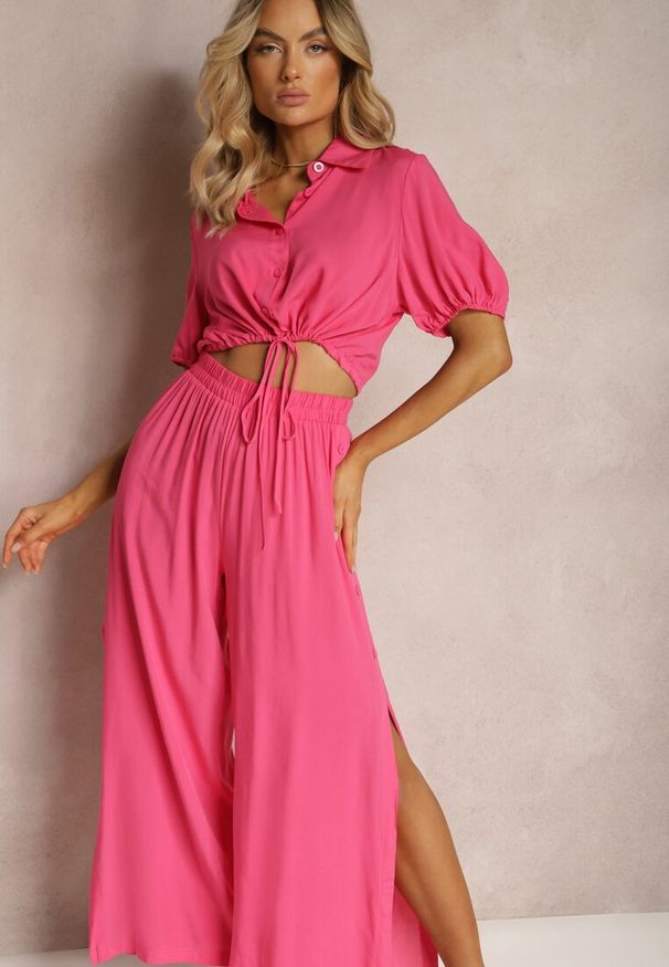 Renee - Fuksjowy Komplet z Bawełny w Stylu Utility Koszula i Szerokie Spodnie Veola. Kolor: różowy. Materiał: bawełna