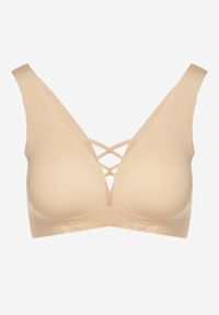Born2be - Beżowy Biustonosz Sportowy z Siateczką i Gorsetowym Zdobieniem Saliatessa. Kolor: beżowy. Rodzaj stanika: wyciągane miseczki. Wzór: aplikacja #3