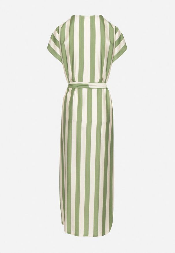 Born2be - Zielona Sukienka z Wiskozą i Paskiem w Paski Nerire. Okazja: na co dzień. Kolor: zielony. Materiał: wiskoza. Wzór: paski. Styl: casual, elegancki, klasyczny