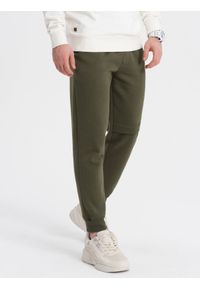 Ombre Clothing - Spodnie męskie dresowe z przeszyciem i zamkiem na nogawce - oliwkowe V3 OM-PASK-0147 - XXL. Kolor: oliwkowy. Materiał: dresówka. Wzór: nadruk #3