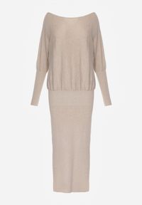 Born2be - Beżowa Dzianinowa Sukienka z Wiskozą o Nietoperzowym Kroju z Dekoltem w Łódkę Tisan. Okazja: na co dzień, na spotkanie biznesowe. Typ kołnierza: dekolt w łódkę. Kolor: beżowy. Materiał: dzianina, wiskoza. Styl: casual, biznesowy #3