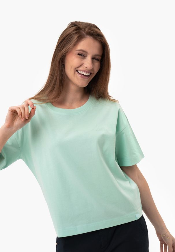 Volcano - Gładki t-shirt, Comfort Fit, T-RODOS. Kolor: miętowy. Materiał: bawełna, materiał, skóra. Długość: długie. Wzór: gładki
