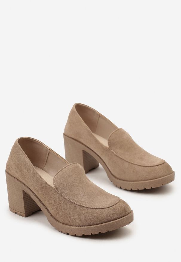 Renee - Ciemnobeżowe Półbuty w Stylu Mokasynów na Słupku i Niskiej Platformie Aridfana. Okazja: na co dzień. Kolor: beżowy. Materiał: jeans, materiał. Obcas: na platformie. Styl: elegancki, casual