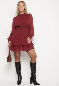 Born2be - Bordowa Rozkloszowana Sukienka Siateczkowa z Bufiastymi Rękawami Isovana. Okazja: na co dzień. Kolor: czerwony. Styl: casual, elegancki #6