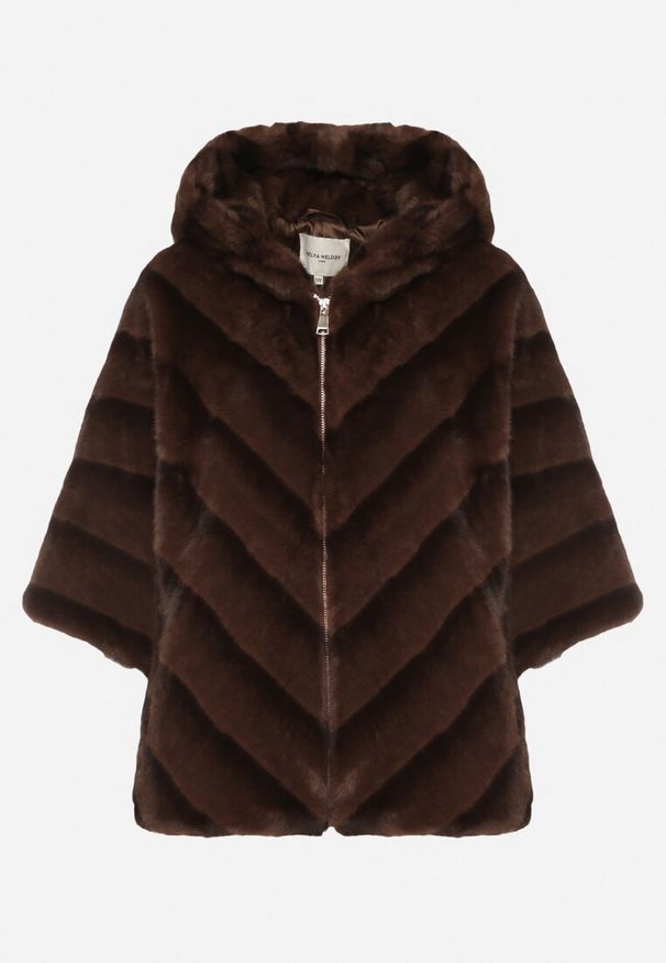 Born2be - Brązowa Kurtka Futerko Oversize z Kapturem i Rękawami 3/4 Idanne. Okazja: na co dzień. Typ kołnierza: kaptur. Kolor: brązowy. Materiał: futro. Styl: elegancki, klasyczny, casual