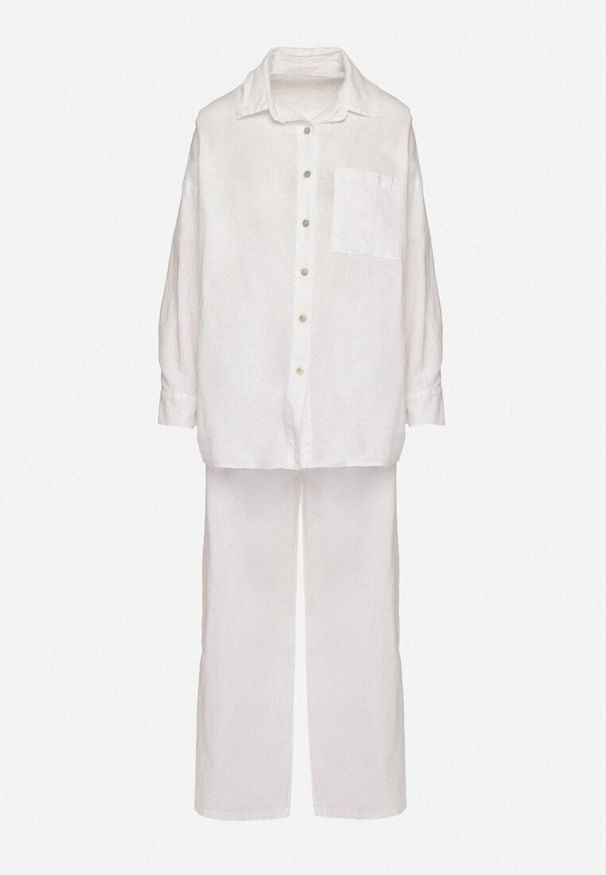 Born2be - Biały Komplet z Lnu i Bawełny Koszula i Szerokie Spodnie Fenelli. Kolor: biały. Materiał: bawełna, len