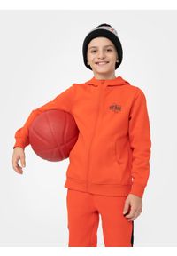 4F JUNIOR - Bluza dresowa rozpinana z kapturem chłopięca. Okazja: na co dzień. Typ kołnierza: kaptur. Kolor: pomarańczowy. Materiał: dresówka. Styl: casual