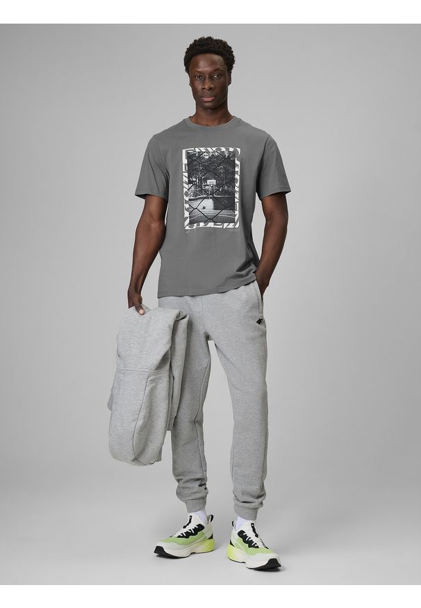 4f - 4F T-shirt regular z nadrukiem męski - szary L. Okazja: na co dzień. Kolor: szary. Materiał: dzianina, bawełna, materiał. Wzór: nadruk. Styl: casual, klasyczny